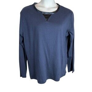 Temperly London Women's Navy Long Sleeve Knit Tee Top w Satin Trim Size L